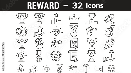 A clean line-style web icon set featuring gift, trophy, badge, reward program, medal, bonus, and other reward-related minimalist icons. Uniform stroke, simple design, fully editable.
