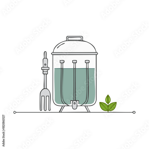 Industrial fermentation tank with stirring tool and plant sprout icons for brewing and agriculture