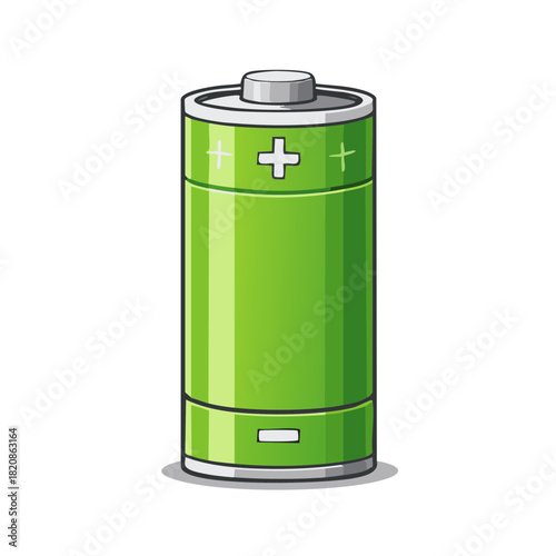 Green cylindrical battery with plus signs and a charge indicator symbol
