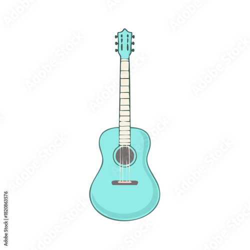 Acoustic guitar musical instrument with light blue body and white neck and frets
