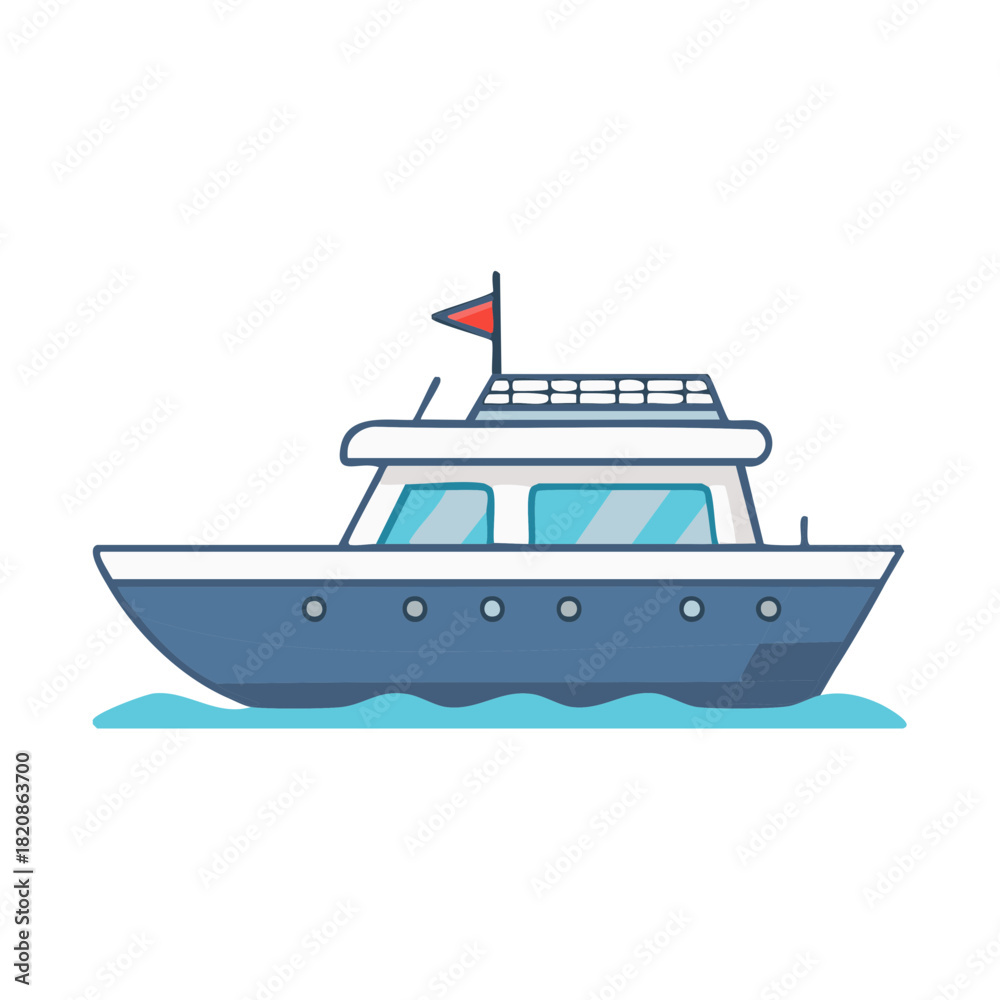 Naklejka premium Cartoon Boat Illustration with Red Flag, Floating on the Water