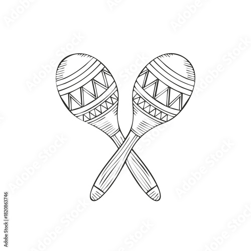 Hand drawn sketch of crossed maracas musical instruments, black and white line art drawing, latin rhythm design for posters, print, decoration