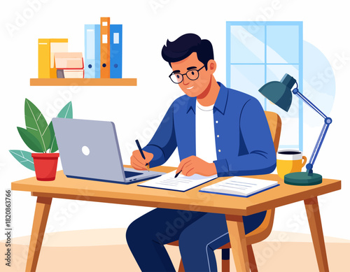 Illustration of a man working at a desk with a laptop, writing on paper, with a lamp, coffee, plant, and bookshelf in the background.