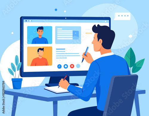 Man participates in a video conference on a computer, taking notes on a notepad at his desk.