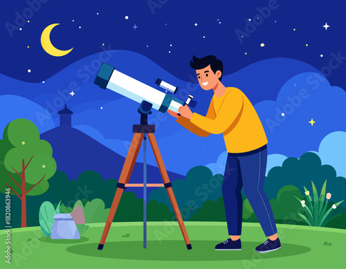 A young man observes the night sky through a telescope, with a crescent moon and stars visible above a landscape with trees and a distant building.