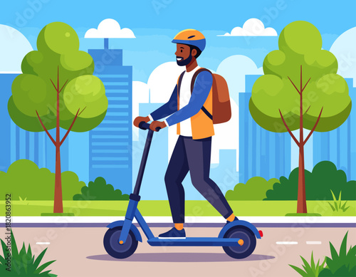 A man with a backpack and helmet rides a blue scooter on a path in a city park with trees and buildings in the background.