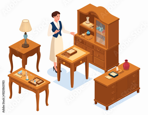 Isometric illustration of a woman standing near antique wooden furniture, including tables, a cabinet, and a dresser, displayed on a white background.