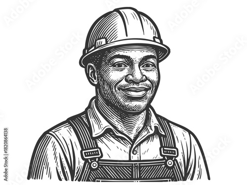 male construction worker in safety helmet and overalls, symbolizing labor, safety, and industry sketch engraving generative ai fictional character vector illustration. Scratch board. Black and white.