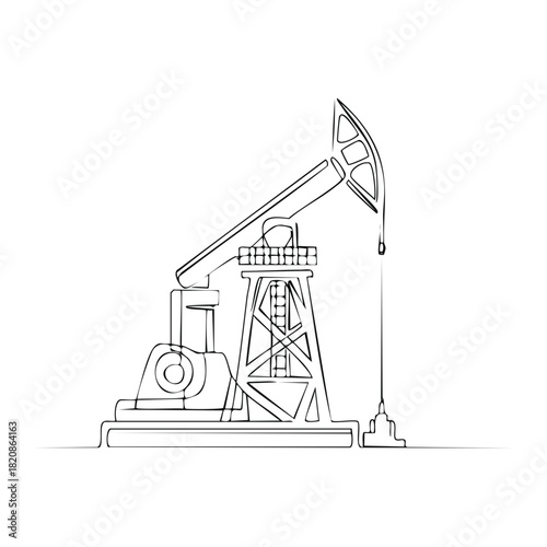 Single line drawing of an oil pump jack in black and white, symbolizing energy extraction
