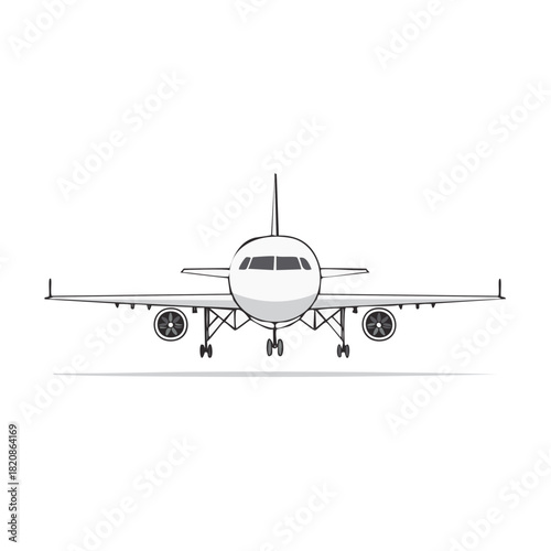 White passenger airplane front view with landing gear deployed vector graphic design element