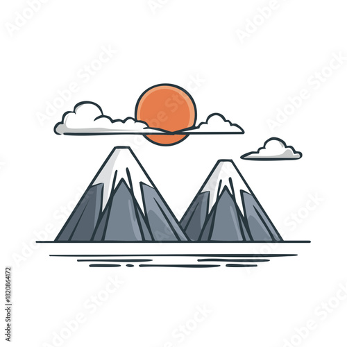 Two Snow Capped Mountains Stand Under a Warm Orange Sun and Fluffy Clouds
