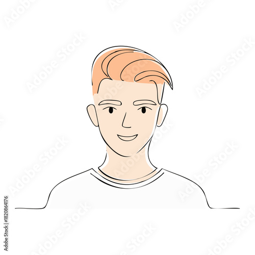 Modern minimalist line art portrait of a smiling young man with styled blonde hair and casual t-shirt