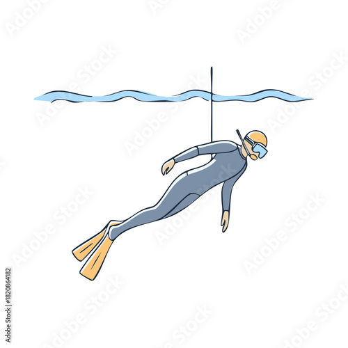 Underwater diver in wetsuit and fins suspended from a dive line