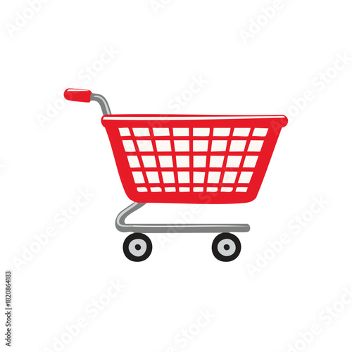 Red metal shopping cart with wire basket and gray wheels for grocery store purchases