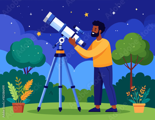 A man uses a telescope in a garden at night to observe the stars in the sky.