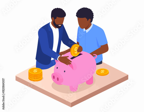 Two men putting coins into a pink piggy bank, illustrating saving money and financial planning.