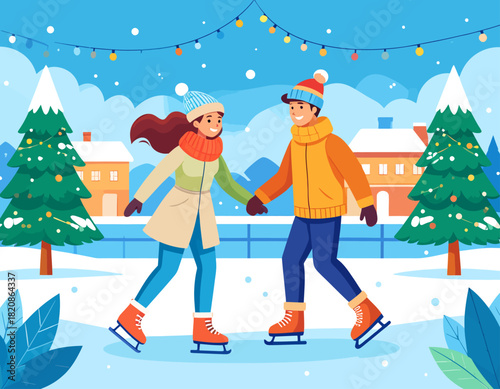 A young couple ice skating together on a frozen rink in a winter landscape with snow-covered houses and festive lights.