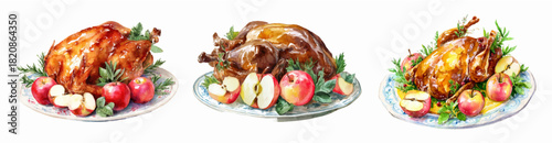 Watercolor set of baked poultry with apples. Watercolor duck, chicken or turkey pie with apples. Cooked poultry on a plate with lettuce leaves. Festive sliced baked meat.