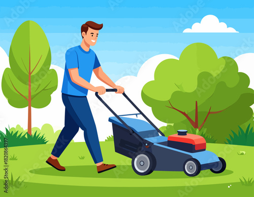 A man mowing the lawn with a lawnmower in a yard with green grass and trees on a sunny day.