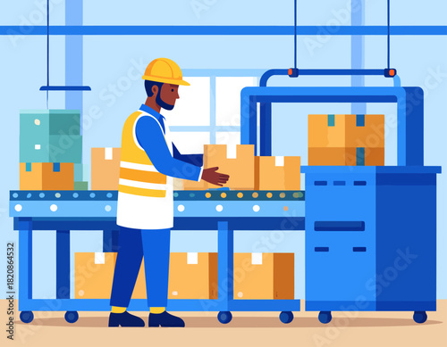 A worker wearing a hard hat and vest places a cardboard box onto a conveyor belt in a factory or warehouse setting.