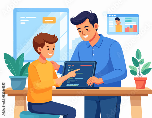 A young man points at code on a laptop screen while a mentor stands behind him, guiding and assisting with programming.