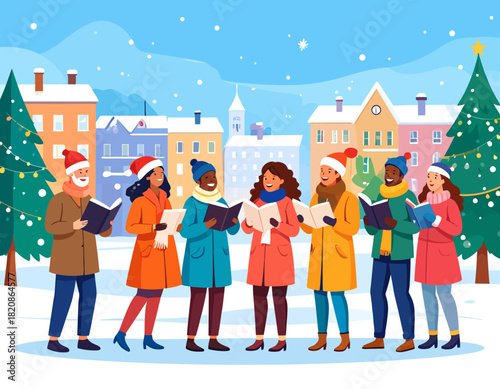 A diverse group of people wearing winter clothes and Santa hats are singing carols from songbooks in a snowy town square.