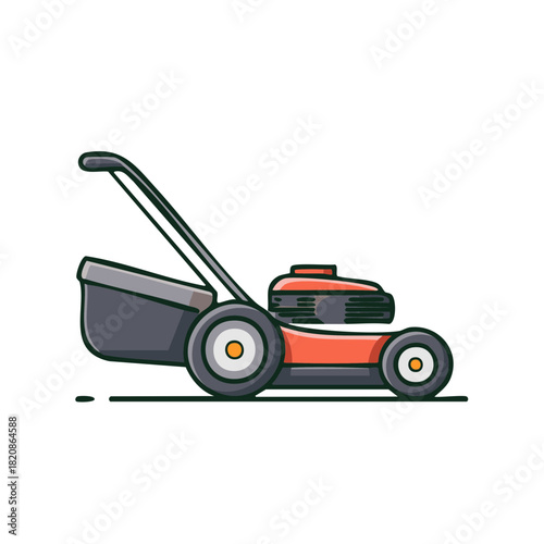 Illustration of a lawn mower for garden and lawn care with a clipping bag