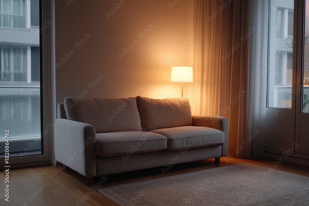 Fototapeta premium Comfortable Living Room with a Plush Sofa and Gentle Warm Lighting