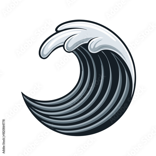 Stylized breaking ocean wave with frothy white foam crest in a vintage graphic design