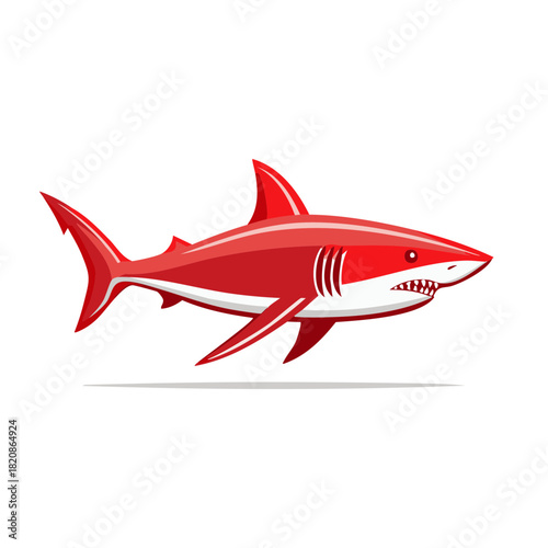 Vibrant red shark illustration with sharp teeth and fierce expression vector graphic