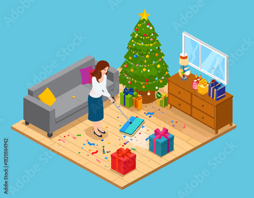 Isometric illustration of a woman cleaning confetti on the floor after Christmas, with a decorated tree, presents, sofa, and dresser in the living room.