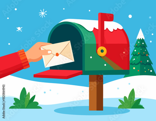Hand placing a letter into a green and red mailbox covered in snow, with a Christmas tree in a snowy winter scene.