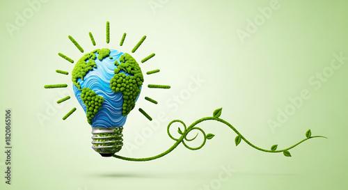 A light bulb shaped like earth with green vegetation and a vine on a light green background