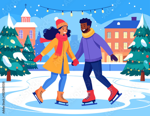 A couple ice skating together on an outdoor rink in a festive winter scene with snow, buildings, and Christmas trees.