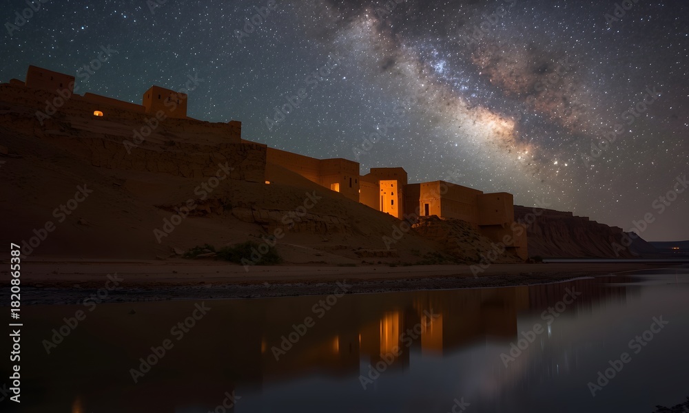 Fototapeta premium Milky Way Over Ancient Riverside Town at Night – Starry Sky, Reflections, Long Exposure Landscape Photography