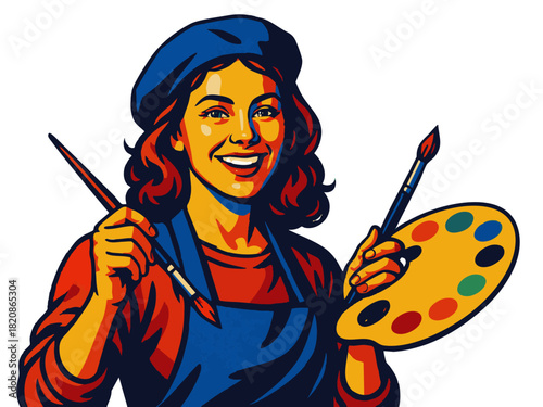smiling woman artist wearing a beret and apron, holding brushes and a paint palette with vibrant colors. Generative ai vector colorful pop art illustration.