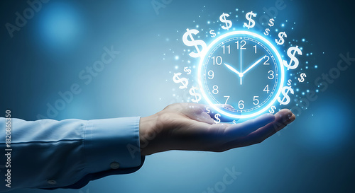 A hand holding a glowing clock surrounded by dollar signs on a blue gradient background image concept