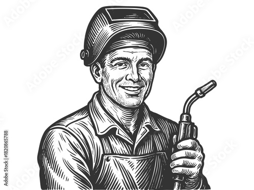 smiling man welder in overalls and helmet holding a welding torch, skilled trades and industry sketch engraving generative ai fictional character vector illustration. Scratch board. Black and white.