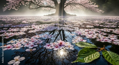 霧と光に包まれた桜の巨木と水面に浮かぶ花びらの神秘的な春の幻想アート