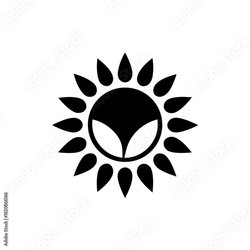 Abstract sun with teardrop shaped rays in black and white on transparent background silhouette