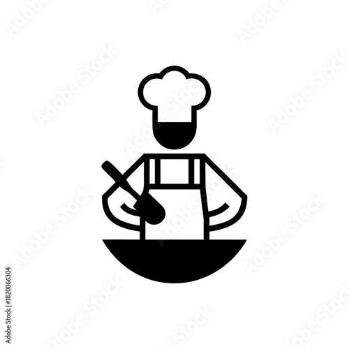 Chef stirring in bowl with hat and apron icon graphic on transparent background silhouette