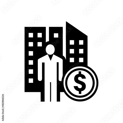 Person standing in front of buildings with dollar coin on transparent background silhouette