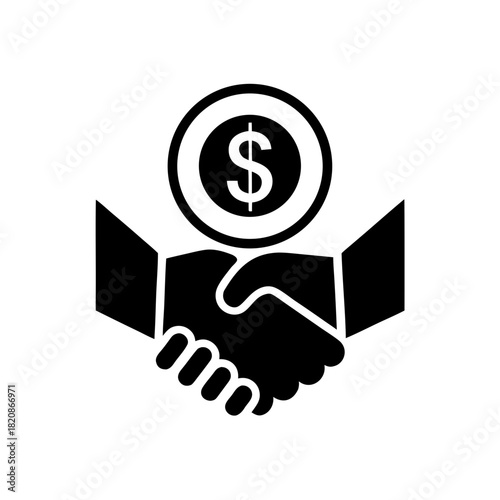 Illustration of handshake with dollar coin above hands on transparent background silhouette