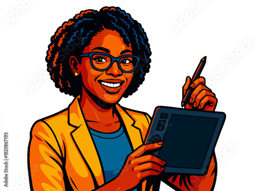 happy woman with glasses holding a stylus and digital tablet, representing modern art and creativity. Generative ai vector colorful pop art illustration.