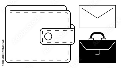 Wallet icon with stitching detail, closed briefcase, and letter envelope. Ideal for finance, business organization, money management, corporate work, communication, mail services simple flat