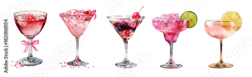 Watercolor set of whimsical cocktails. Glasses with alcoholic drinks. Set of pink cocktails with cherry, lime, ice, etc. Vintage bar elements. Alcoholic drinks coquette.