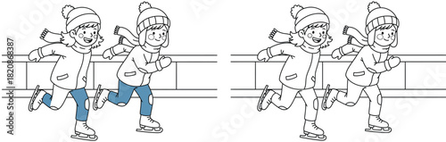 Vector illustration of two happy children ice skating in winter. Black and white line art educational activity for kids.