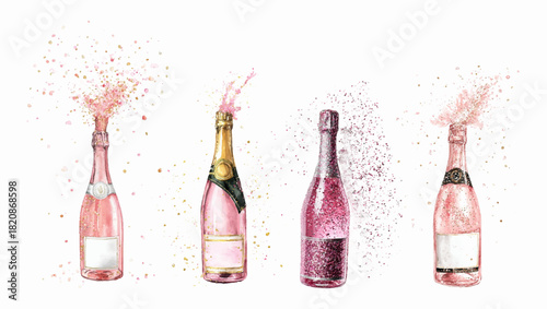 Set of watercolor champagne bottles. Sparkling wine and rose wine bottles with splashes and glitter. festive bottles with sparkling wine and splashes. Party and celebration drinks.