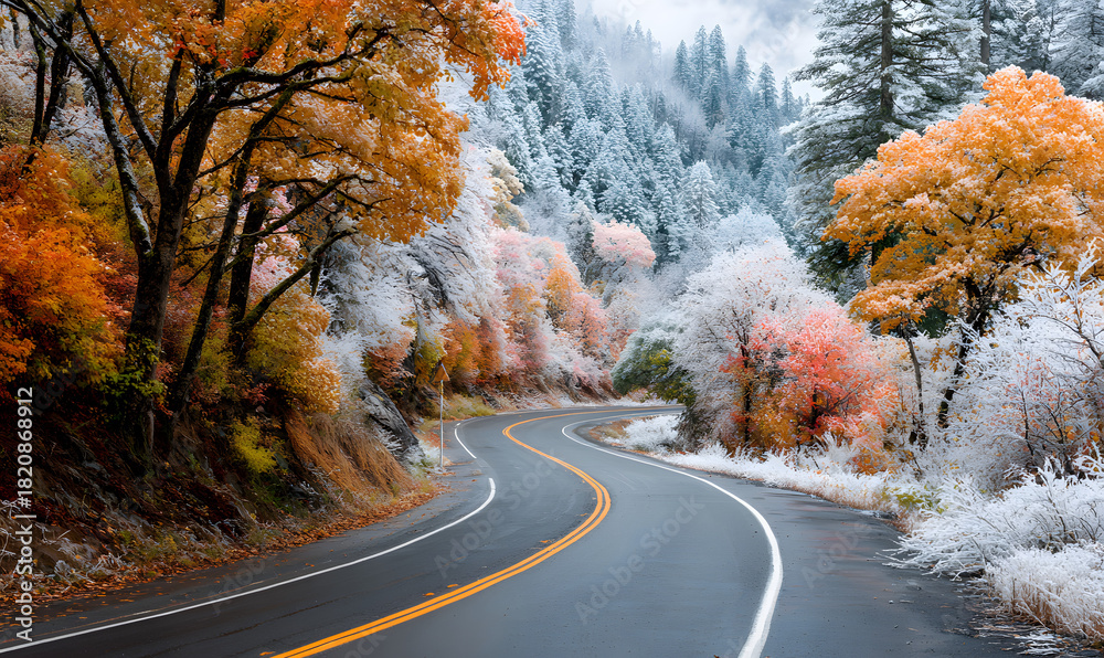 Obraz premium A scenic road showcasing both autumn and winter, with colorful fall leaves blending into frosted trees and a serene seasonal transition.