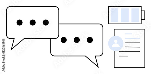 Speech bubbles represent messages a document with a user profile and progress bar conveys collaboration and task management. Ideal for messaging, productivity, user interface, chat platforms
